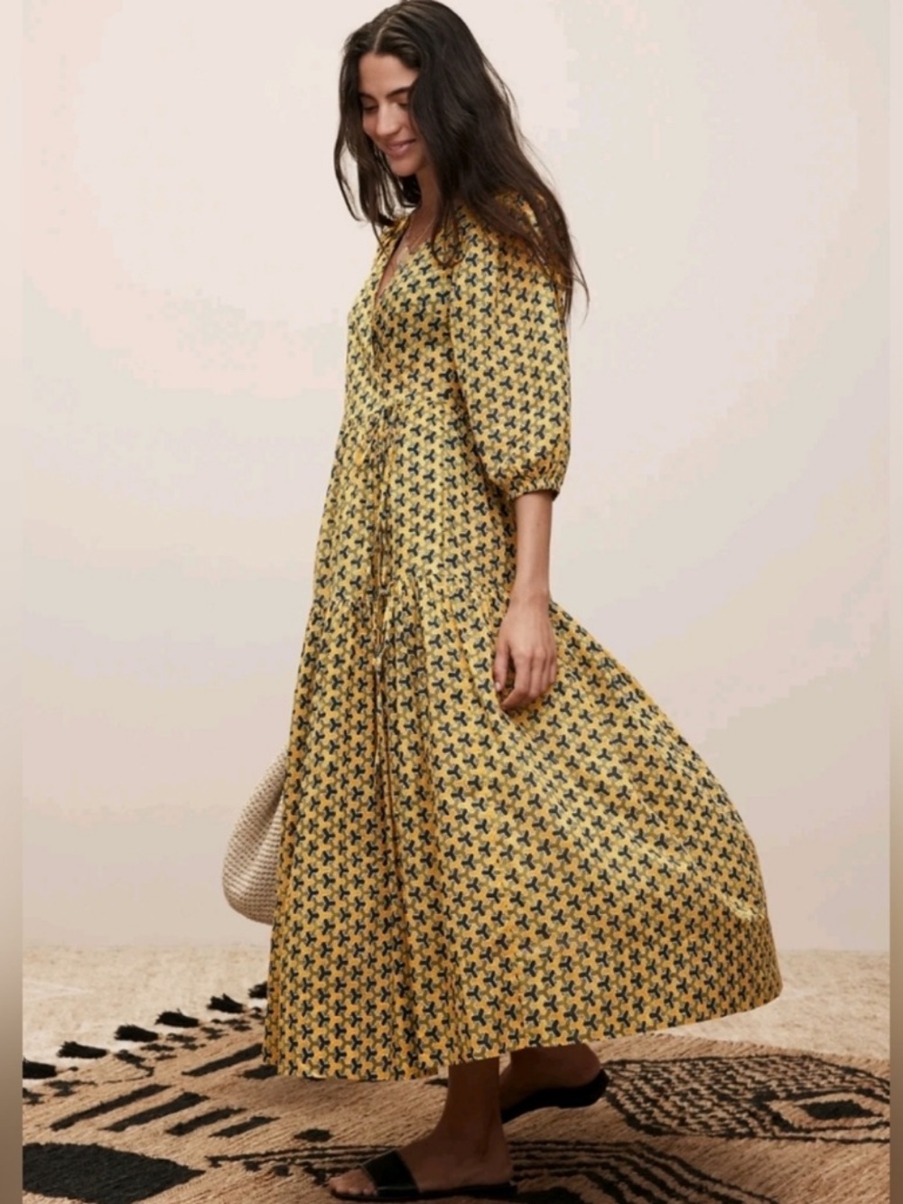 NEW! Banana Republic Yellow Geometric The White Lotus Cotton Wrap Dress 🧶